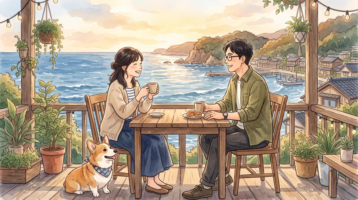 山陰の海辺のドッグランで犬たちが遊ぶイラスト