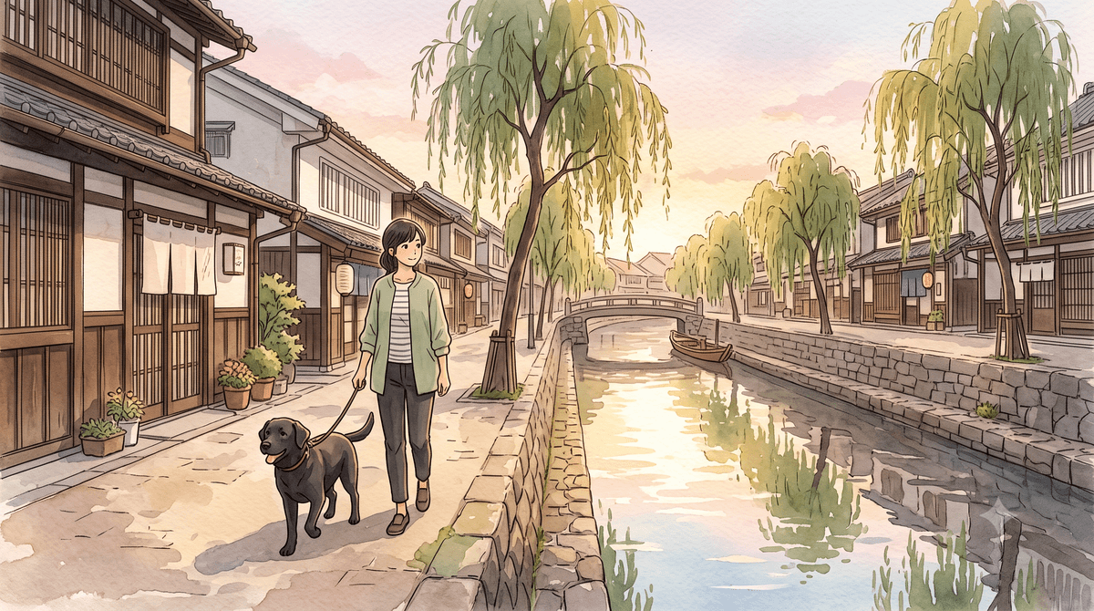 山陰の海辺のドッグランで犬たちが遊ぶイラスト